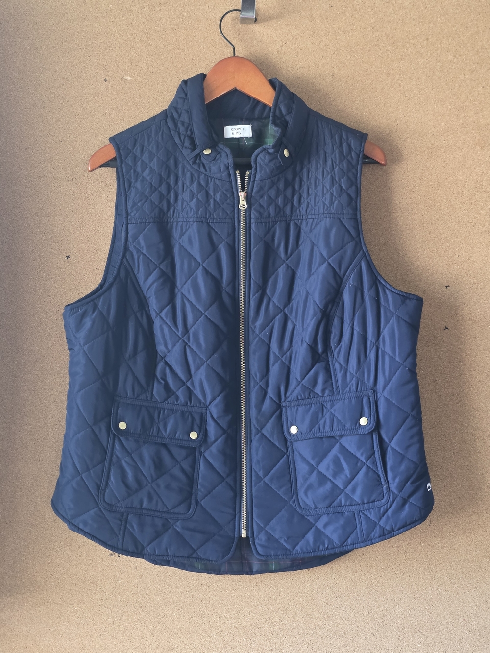 Crown & Ivy Navy Blue Quilted Puffer Vest Gold Hardware Sz 2X